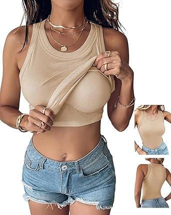 Visit the CHICME Store CHICME Women Built-in Bra Tank Tops Sleeveless Casual Shirts Racerback Ribbed Fitted Tank Tops