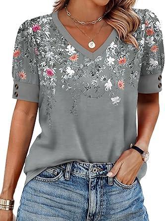 Visit the OFEEFAN Store OFEEFAN Womens Tops Short Sleeve Shirts Buttons V Neck Spring Fashion Summer Outfits Plus Size Blouses Dressy Casual