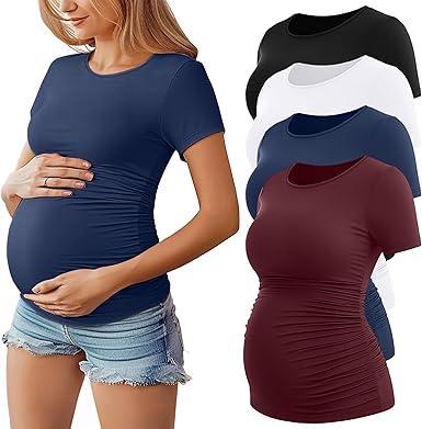 Visit the Huukeay Store Huukeay 4 Pack Women's Maternity Shirts, Crew Neck Maternity Top Short Sleeve Casual Cotton Tee Side Ruched Pregnancy Clothes