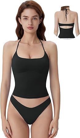 Visit the SUUKSESS Store SUUKSESS Halter Tops for Women Tank Tops with Built in Bras Double Lined Backless Top Y2K Going Out Camisole