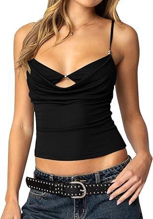 Visit the Navneet Store Navneet Women Layered Bra Draped Cowl Neck Tank Top Spaghetti Strap Cut Out Ruched Going Out Crop Cami Top
