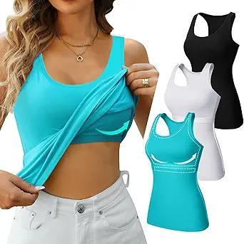 Visit the V FOR CITY Store V FOR CITY Non Padded Shelf Bra Tank Tops for Women Racerback Cotton Wide Strap Camisole Yoga Cami Shirts 3 Pack