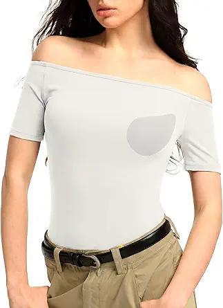 Visit the DAZZWEAR Store 3 Ways-wear Built-in Bra Short Sleeve Shirts Boat Neck/Off Shoulder/One Shoulder Top Seamless Stretch Summer Going Out Tops