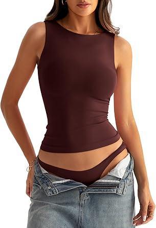 Visit the Eachyes Store Eachyes Womens Boat Neck Seamless Tank Tops Sleeveless Double Layering Shirts Basic Going Out Tops Summer Outfits