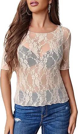 Visit the Avidlove Store Avidlove Mesh Top for Women Short Sleeve Crew Neck Fitted Top Solid & Floral Lace Tee Shirts