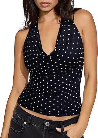 Visit the SUUKSESS Store SUUKSESS Women Deep V Built in Bra Cowl Halter Tops Going Out Open Back Tank Tops