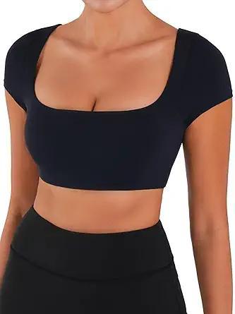 Visit the Sunzel Store Sunzel Womens Short Sleeve Crop Top with Built in Bra Athletic Yoga T Shirt Casual Fitted Workout Gym Active Tee with Padding