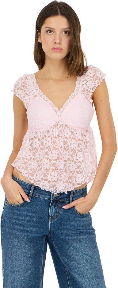 Visit the Forever 21 Store Forever 21 Women's Frill Lace Top with V-Neckline Pleated Hem Petal Sleeves and Built-in Bra