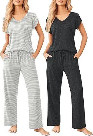 Visit the Ekouaer Store Ekouaer 2 Pack Womens Pajamas Short Sleeve Sleepwear Top with Pants Super-Soft Printed Lounge Sets S-XXL