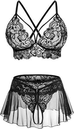 Visit the CRIPOM Store CRIPOM Sexy Lingerie for Women Naughty 3 Piece Lace Bralette, Mini Skirt with G-String Crotchless Lingerie Outfits