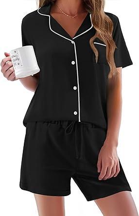 Visit the Ekouaer Store Ekouaer Pajamas Set for Women Short Sleeve Sleepwear Button Down Pjs Soft 2 Piece Lounge Sets XS-XXXL