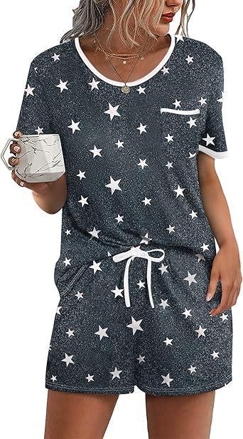 Visit the Ekouaer Store Ekouaer Pajama Set for Women 2 Piece Lounge Set Short Sleeve Tops and Shorts Soft Sleepwear, Chest Pocket