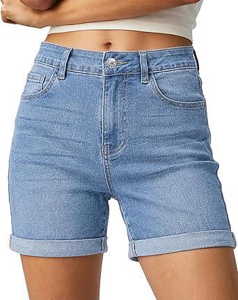Visit the luvamia Store luvamia Jean Shorts for Women High Waisted Trendy Mid Thigh Long Cuffed Hem Stretchy Denim Shorts Casual Summer Jorts