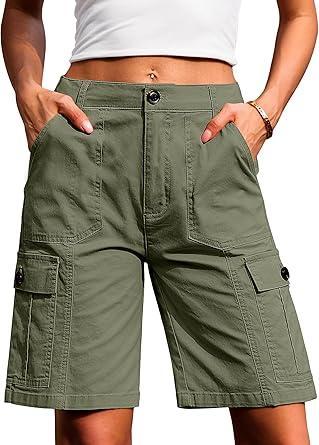 Visit the Eddoyee Store Eddoyee Bermuda Cargo Shorts for Women Casual Long Knee Length High Waisted Stretch Wide Leg Relaxed Fit