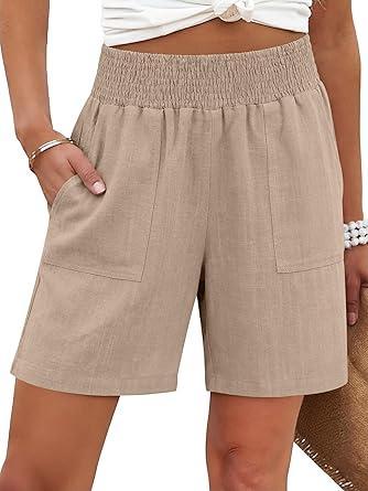 Visit the ANRABESS Store ANRABESS Linen Shorts for Women Casual Summer High Waisted Wide Leg Lounge Beach Vacation Shorts with Pockets