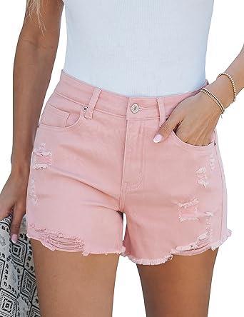 Visit the luvamia Store luvamia Jean Shorts for Women High Waisted Stretchy Distressed Denim Shorts Ripped Frayed Raw Hem Summer Casual Shorts