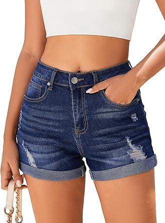 Visit the Bosmeer Store Bosmeer Women's Mid-High Rise Ripped Denim Shorts Stretchy Distressed Jean Shorts with Pockets Folded Hem Casual Summer Jorts