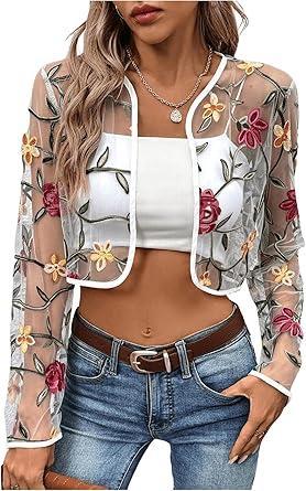 Visit the OYOANGLE Store OYOANGLE Women's Floral Embroidered Sheer Bolero Open Front Crop Jackets Long Sleeve Mesh Summer Cardigan Tops