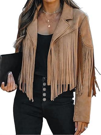 Visit the Bibowa Store Faux Suede Leather Jackets For Women Trendy Fall Western Fringe Cropped Jacket 2026 Tassel Motorcycle Crop Coats