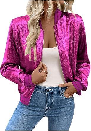 Visit the Verdusa Store Verdusa Women's Metallic Zipper Bomber Disco Party Jackets Outwear Long Sleeve Lightweight Jacket Coats