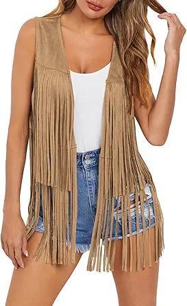 Visit the Dokotoo Store Dokotoo Womens Fringe Vest 70s Hippie Costume Sleeveless Cowgirl Western Outfits Faux Suede Tassel Leather Outerwear