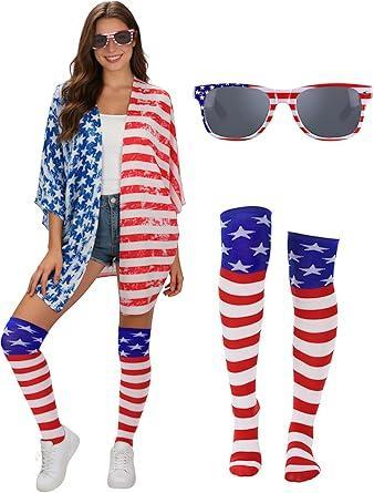 Visit the Forwe Store Forwe 4th of July Outfits for Women Patriotic Kimono Cover Up with USA Sunglasses & Socks for Independence Day Celebration
