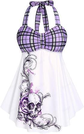 Visit the ROSE GAL Store ROSE GAL Womens Plus Size Curve Halter Plaid Skull Print Backless Gothic Modest Tankini Swimsuit Set