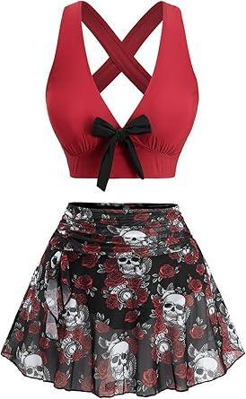 Visit the ROSE GAL Store ROSE GAL Women Plus Size Gothic High Waisted Bikini Two Piece Swimsuit with Skirt Tummy Control Bathing Suit
