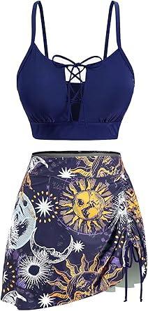 Visit the ROSE GAL Store ROSE GAL Plus Size Womens Gothic 3 Piece Swimsuits Moon and Sun Three Piece Bikini Bathing Suits