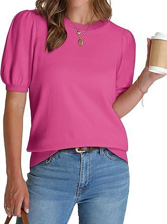 Visit the WIHOLL Store WIHOLL Women's Puff Short Sleeve Sweater 2026 Spring Summer Tops Trendy Business Causal Outfits Work Blouses Clothes