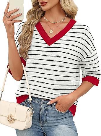 Visit the WIHOLL Store WIHOLL Oversized 3/4 Length Sleeve Womens Sweaters V Neck Cute Crochet Blouses Trendy Spring Summer Fashion Outfits