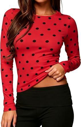 Brand: Seyumixi Seyumixi Polka Dot Tops for Women Y2K Long Sleeve Crop Top Vintage Cute Slim Fit Crew Neck Shirt Going Out Streetwear