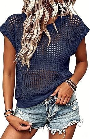 Visit the Lepunuo Store Lepunuo Women's Summer Crochet Top Cap Sleeve Hollow Out Cover Ups Casual Cruise Beach Vacation Tops Knit Pullover Sweater