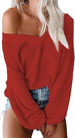 Visit the Tobrief Store Tobrief Women's V Neck Long Sleeve Waffle Knit Tops Off Shoulder Oversized Pullover Sweater