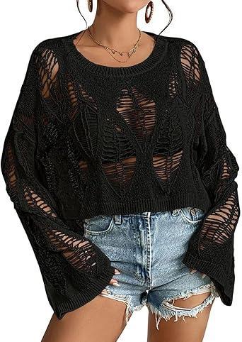 Visit the Vinsekep Store Womens Gothic Short Sweaters Oversized Punk Goth Sweater Long Bell Sleeve Knitting Crop Tops US Size S-XL