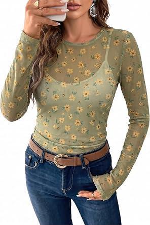 Visit the Acelitt Store Acelitt Mesh Tops for Women Sexy Sheer Long Sleeve Shirts Casual Crew Neck Floral Blouse