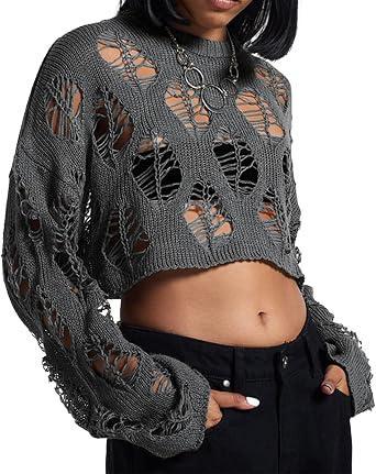 Visit the Vinsekep Store Women's See Through Hole Ripped Crop Tops Knit Pullover Short Sweaters