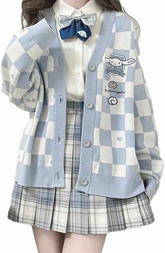 Brand: CASASO Kawaii Sweater Anime Plaid Cardigan Sweaters Cardigan for Women Cosplay Costume V Neck Long Sleeve
