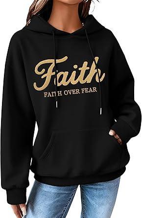 Visit the KIDDAD Store KIDDAD Faith Over Fear Hoodie Christian Sweatshirts Women Embroidered Religious Sayings Sweater Bible Pullover Tops
