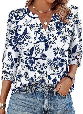 Visit the WIHOLL Store WIHOLL 3/4 Length Sleeve Womens Tops with Button Cuffs Dressy Casual V Neck Summer Outfits Early Fall Fashion Spring Clothes