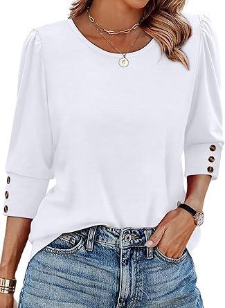 Visit the OFEEFAN Store OFEEFAN Womens Tops 3/4 Sleeve with Buttons Dressy Casual Blouses Summer Outfits Beach Vacation Plus Size Spring Clothes