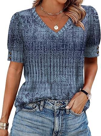 Visit the OFEEFAN Store OFEEFAN Womens Tops Short Sleeve Shirts Buttons V Neck Spring Fashion Summer Outfits Plus Size Blouses Dressy Casual