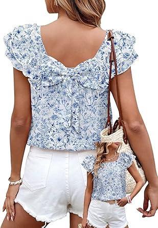 Visit the Falechay Store Falechay Womens Bow Tie Back Tops Round Neck Ruffle Short Sleeve Shirts Cute Babydoll Chiffon Tee Women Summer Trendy Tunic