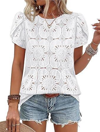 Visit the OFEEFAN Store OFEEFAN Blouses for Women Dressy Casual Petal Short Sleeve Shirts Crochet Lace Boho Tops Spring Fashion Summer Outfits