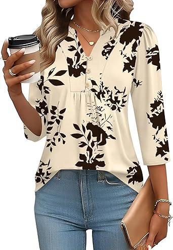 Visit the IECCP Store IECCP 3/4 Length Sleeve Womens Tops Dressy Casual Henley V-Neck Summer Tops Pleated T-Shirts Loose Fit Work Blouses