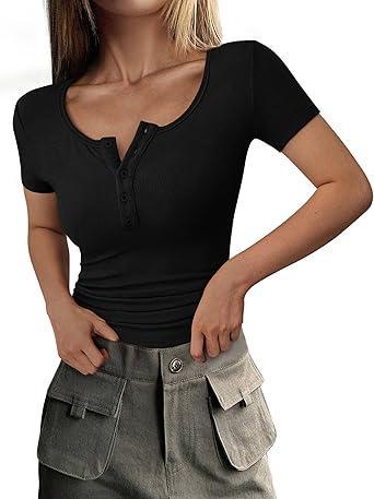 Visit the PRETTYGARDEN Store PRETTYGARDEN Womens 2026 Summer Short Sleeve Tops Ribbed Henley Button Slim Fit Basic Casual T Shirts Blouse Fashion Clothing