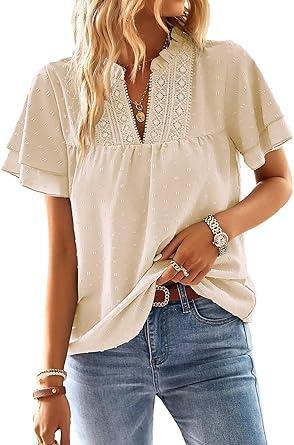 Visit the Falechay Store Falechay Womens Tops Butterfly Sleeve V Neck Blouses for Women Dressy Casual Flowy Swiss Dot Ruffle Short Sleeve Shirts