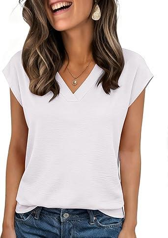 Visit the Zeagoo Store Zeagoo Womens Tops Cap Short Sleeve Textured Blouse V Neck Summer Spring Shirts Business Casual Outfits