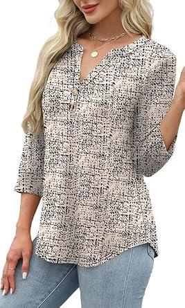 Visit the OFEEFAN Store OFEEFAN Womens Tops 3/4 Sleeve Henley Shirts for Women Summer Outfits Fashion Clothing