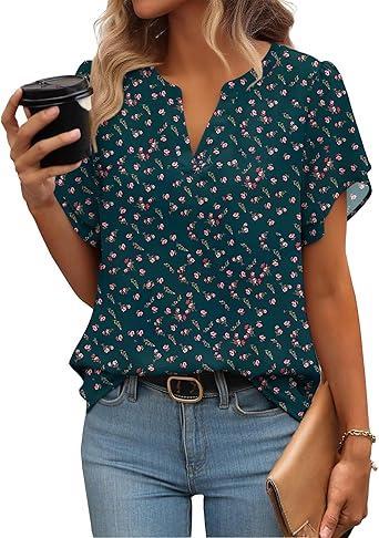 Visit the Zeagoo Store Zeagoo Womens Dressy Casual Shirts Short Sleeve V Neck Work Blouse Business Casual Summer Chiffon Tops